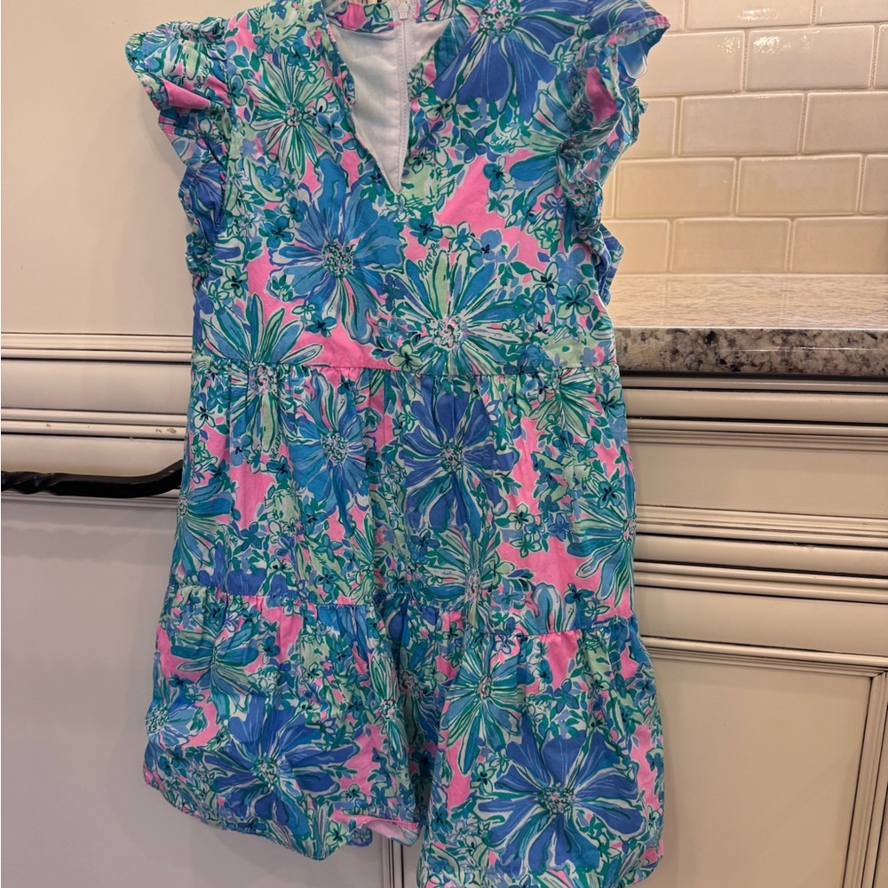 Girls Lilly Pulitzer Floral Pink and Blue Ruffle Dress